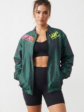 Vintage 90s Surf Style Windbreaker Half Zip Neon Green Iridescent Oversized Y2K